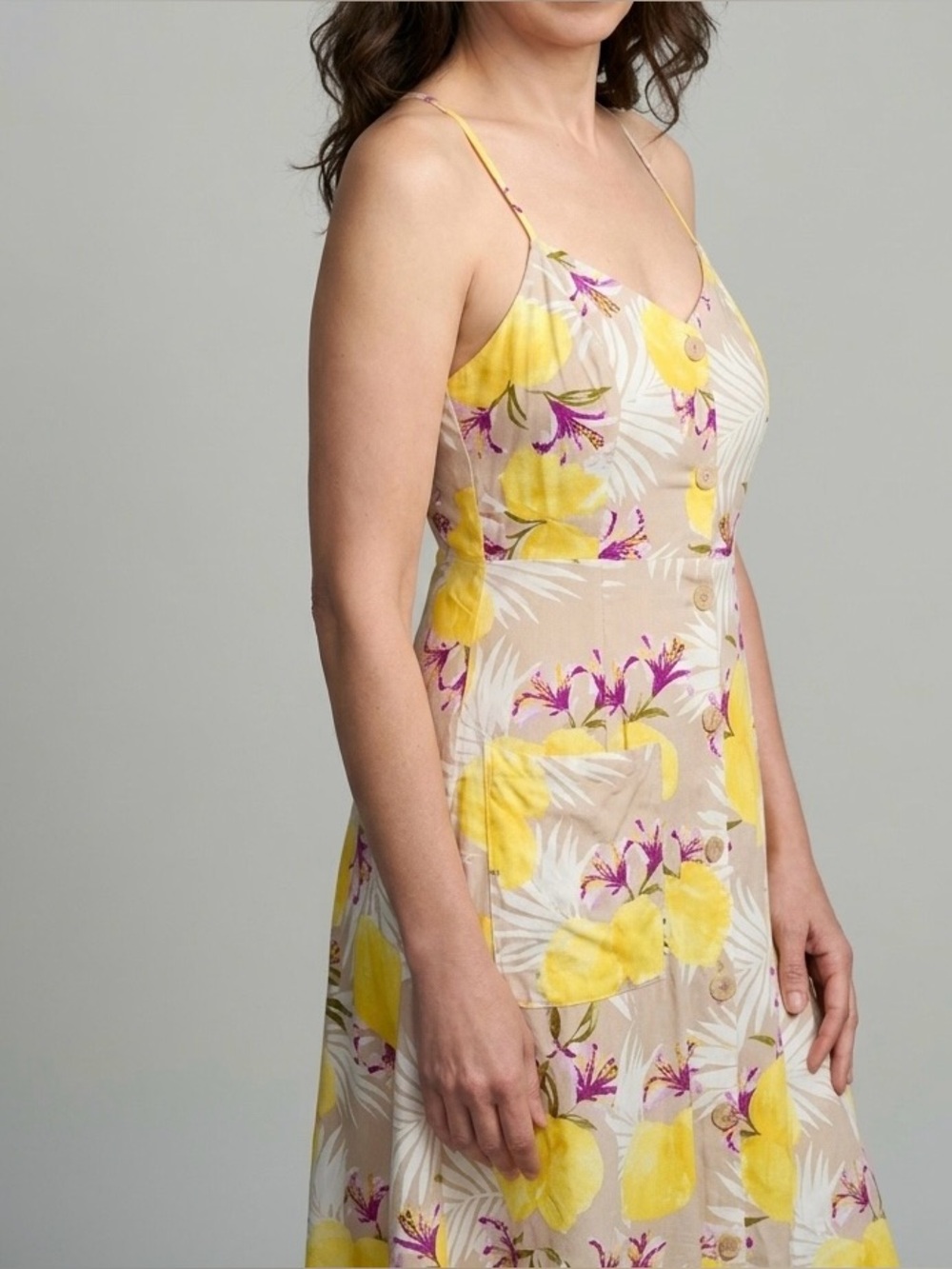 Lemon Floral Midi Linen Blend Dress - Picture 3 of 13